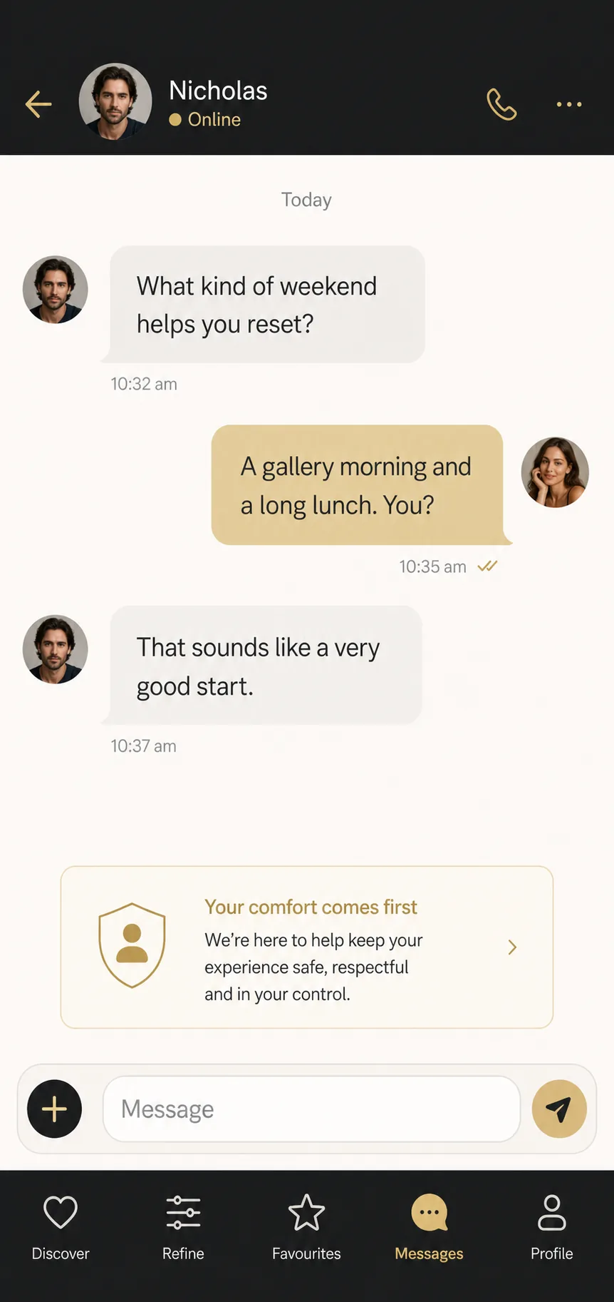Illustrative private mobile conversation between two adult sugar dating members