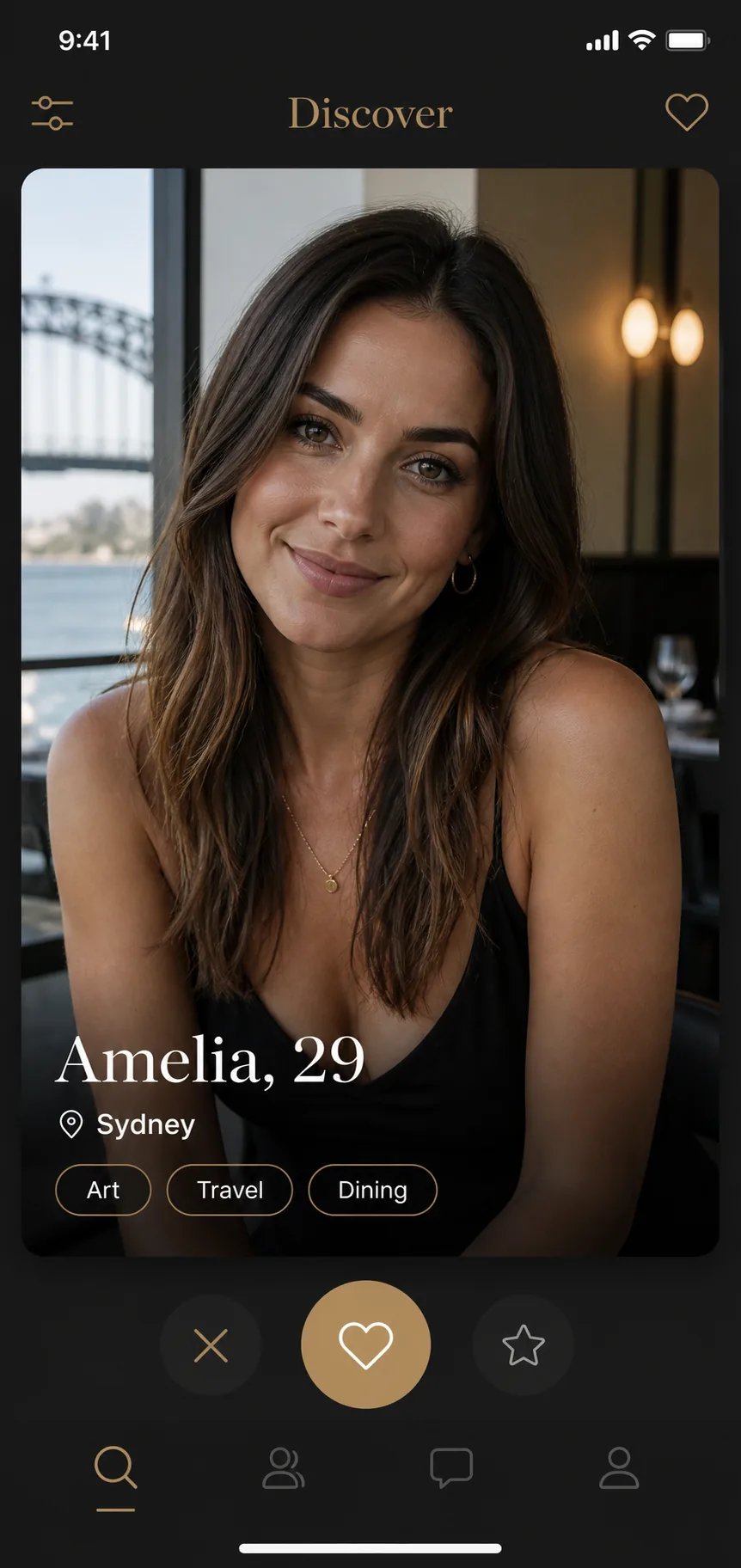 Illustrative sugar dating app discovery screen showing an adult profile in Sydney