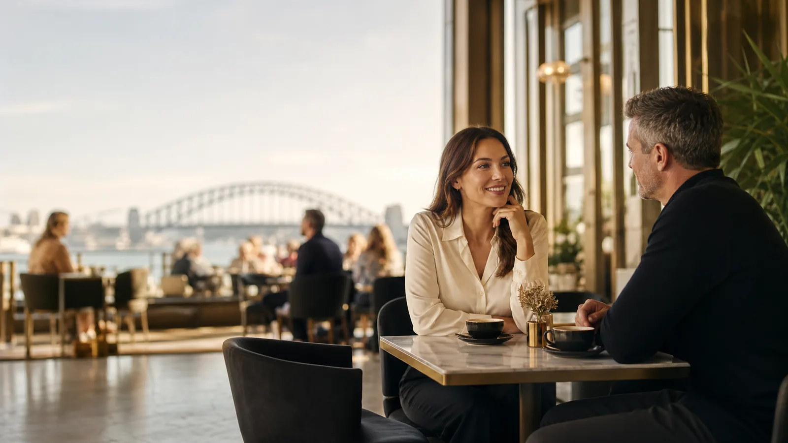 Two Australian adults having a public first sugar date in a busy Sydney cafe
