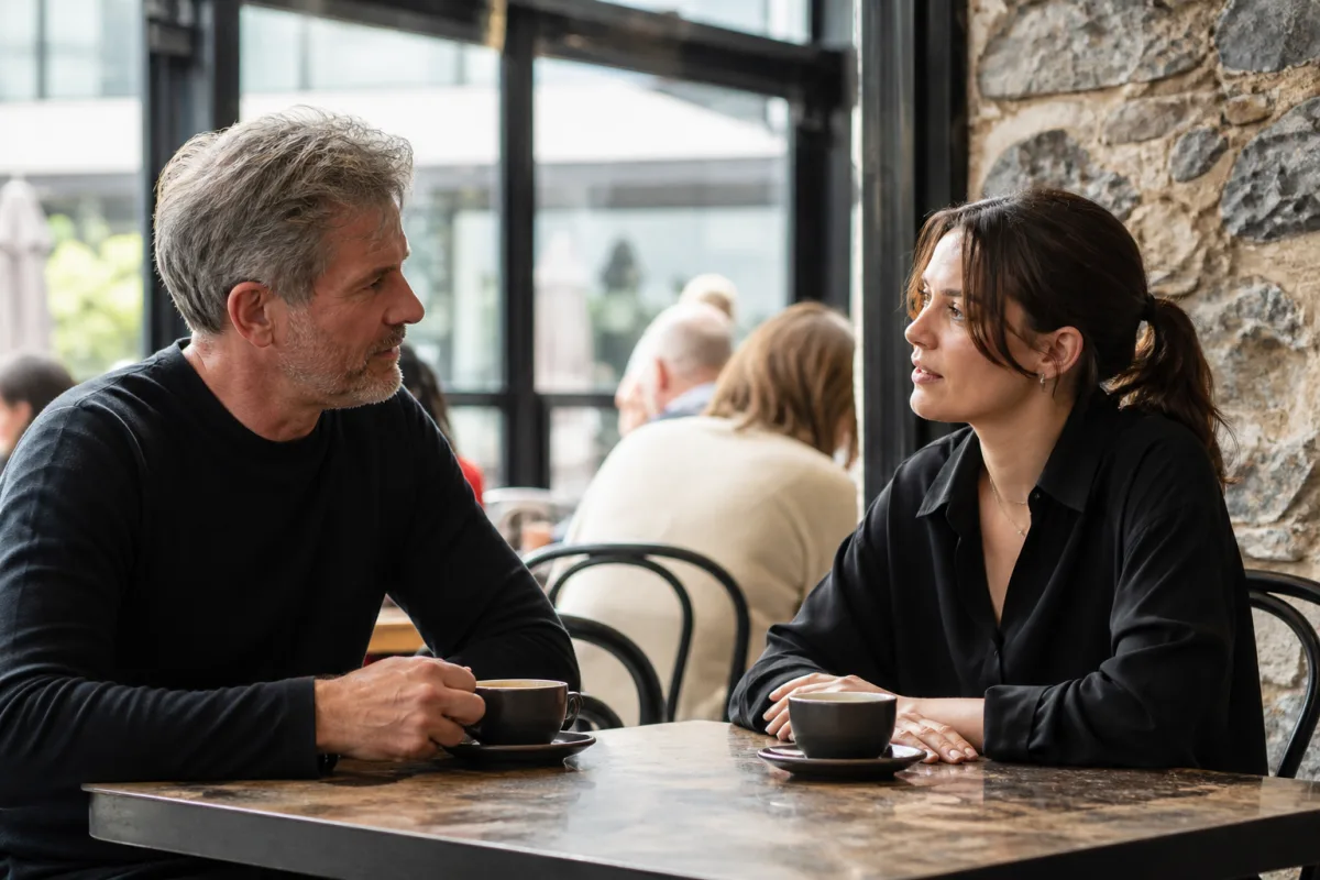 Illustrative adult couple having a calm conversation in a public cafe