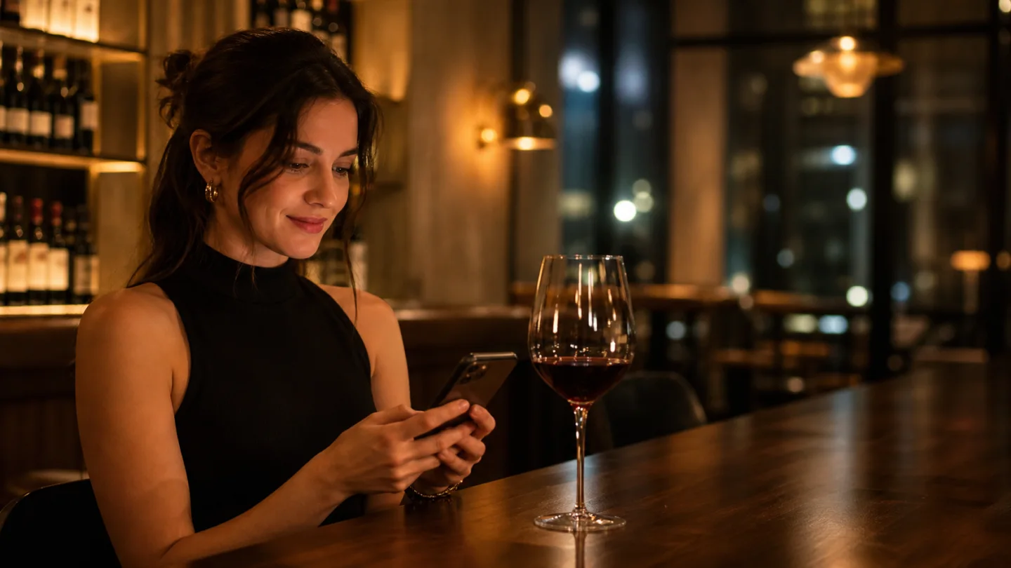 Illustrative adult woman writing a message in a Melbourne bar