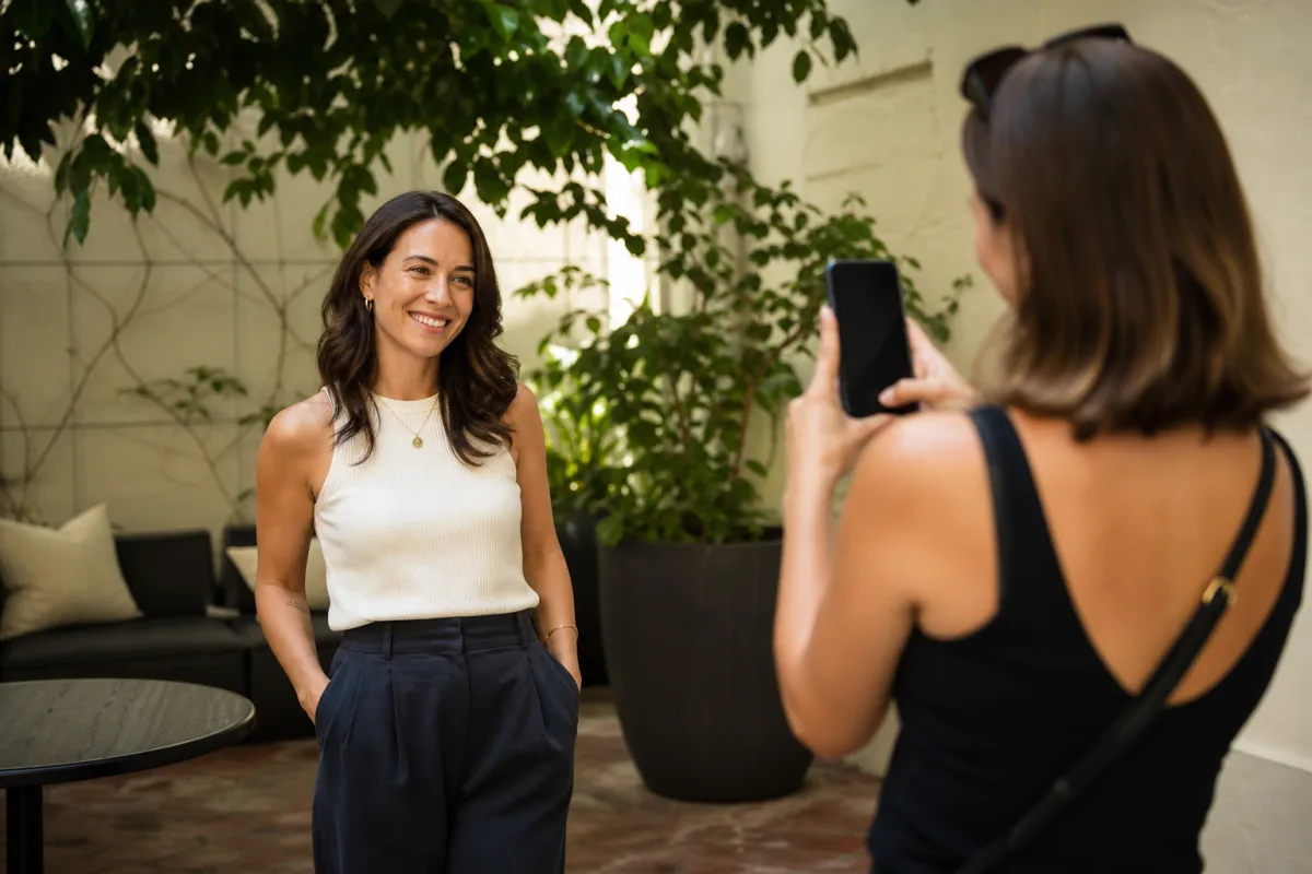 Illustrative adult woman having a natural profile photograph taken in an Adelaide courtyard