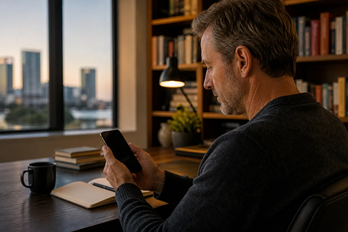 Illustrative mature man reading a profile carefully before replying