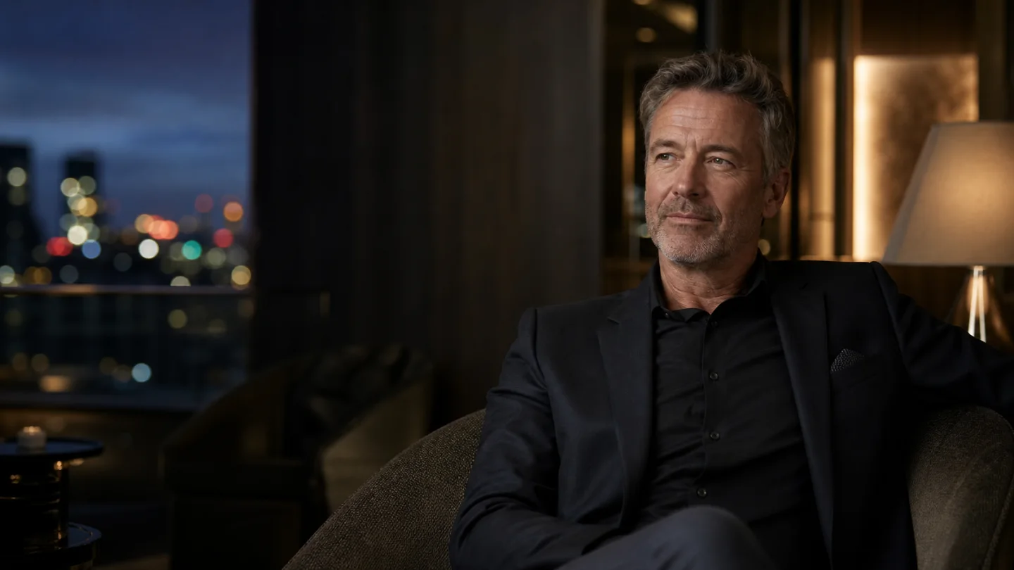 Illustrative portrait of a mature Australian man in a quiet hotel lounge